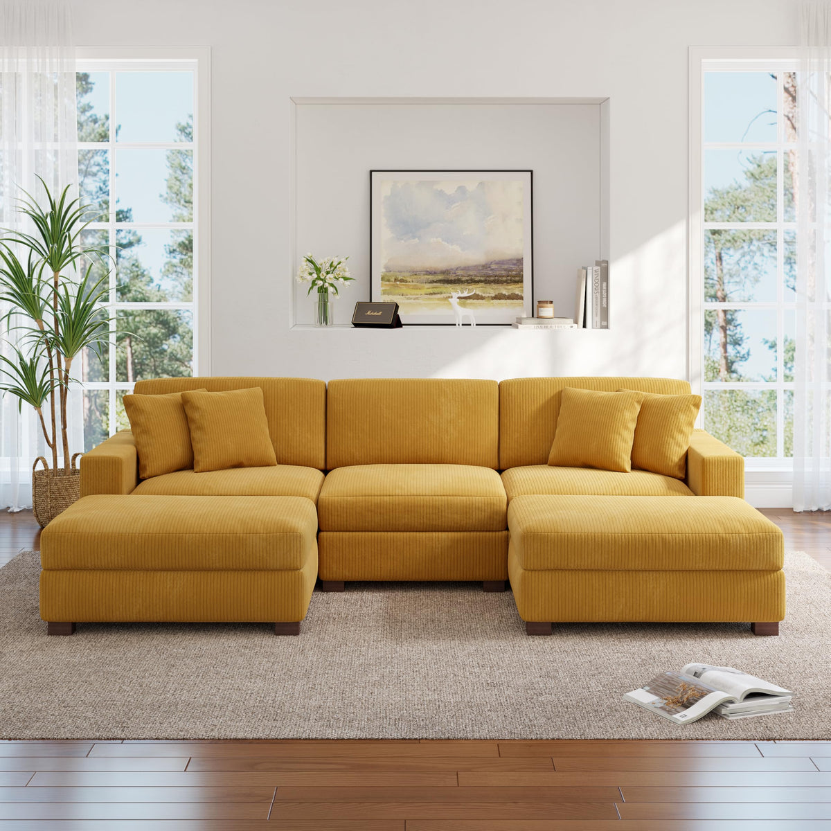 118.3" L-Shaped Modular Sectional Sofa with Chaise, Comfy Corduroy Fluffy Couch with Deep Seat, Flexible Module Combination for Living Room, Cotton Flannel Light Brown