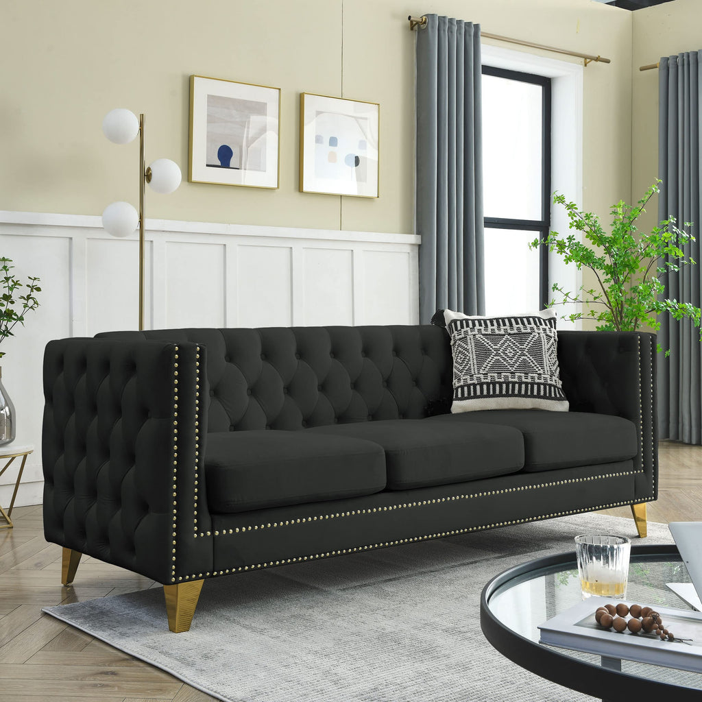Velvet Upholstered Sofa, Buttons Tufted Couch with Square Arms, Modern Living Room Sofa with Metal Legs, Black Velvet