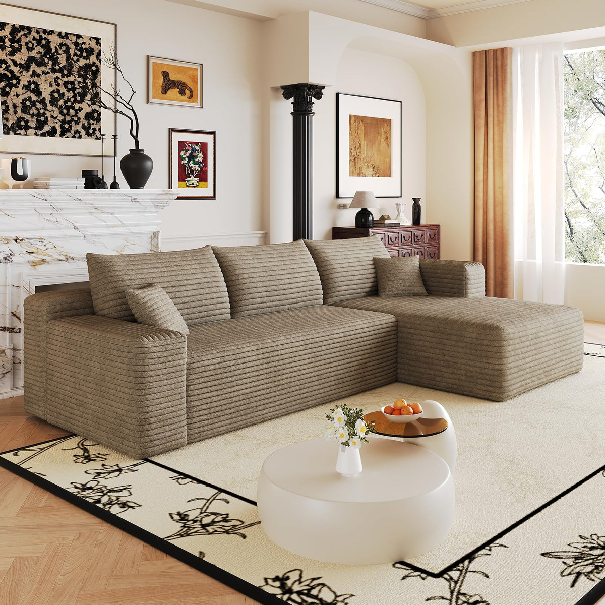 107" U-Shaped Cloud Sectional Couch with Ottoman for Living Room, Boneless Sofa, Compressed Sofa, No Assembly Required, Black Corduroy, Right Chaise