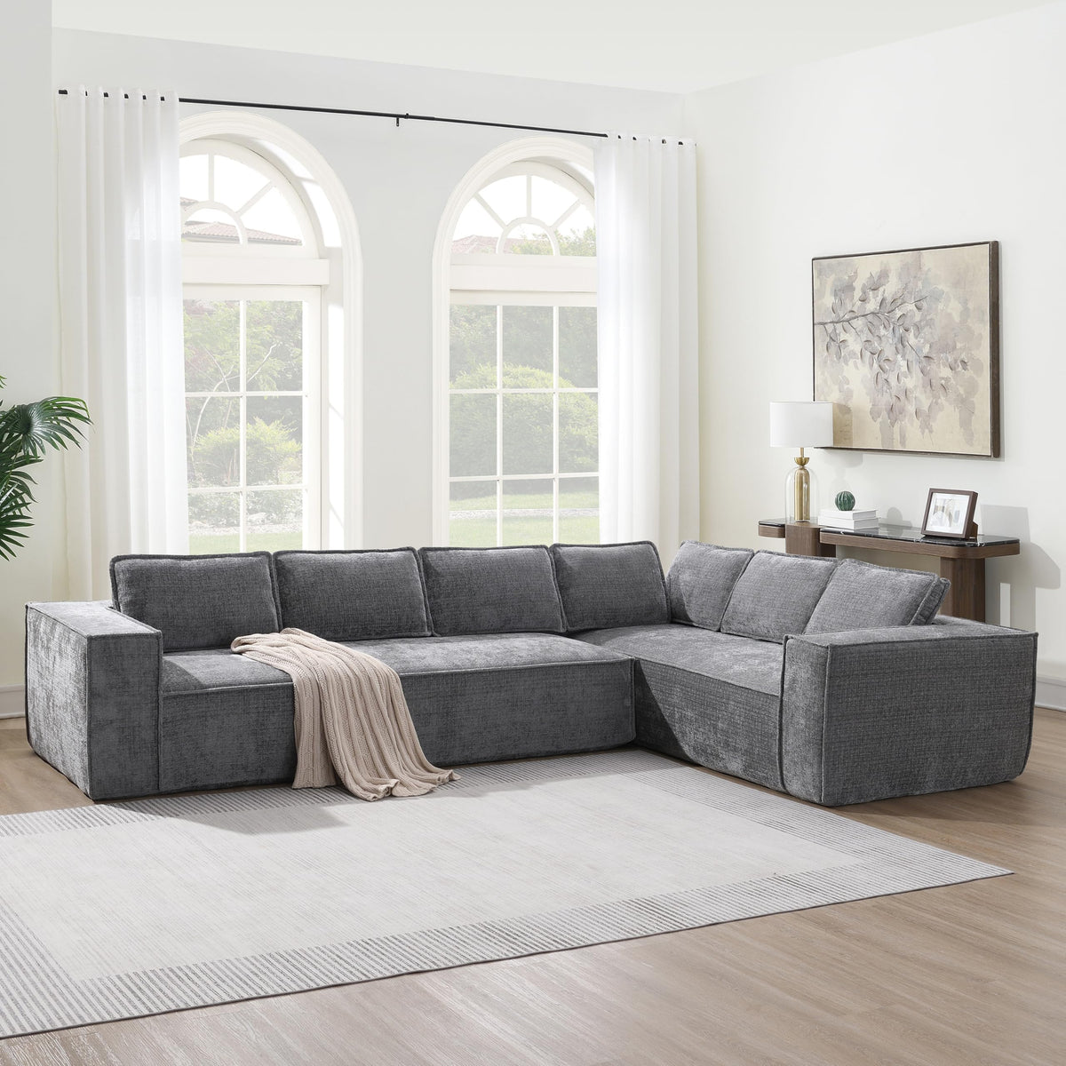 130" Wrinkle-Resistant Modern Minimalist Style Modular Sectional Couch, Convertible Modular Cloud Sleeper Sofa, Modern Boneless Compressed Floor Sectional Sofa for Living Room, Green