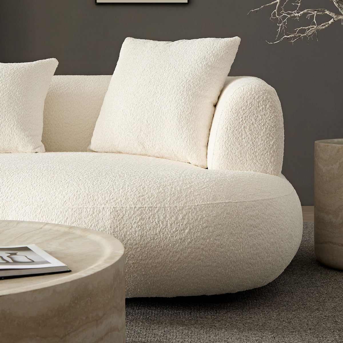 102.36" Cream White Curved Boucle Sofa, 4 Seater Deep Cloud Couch