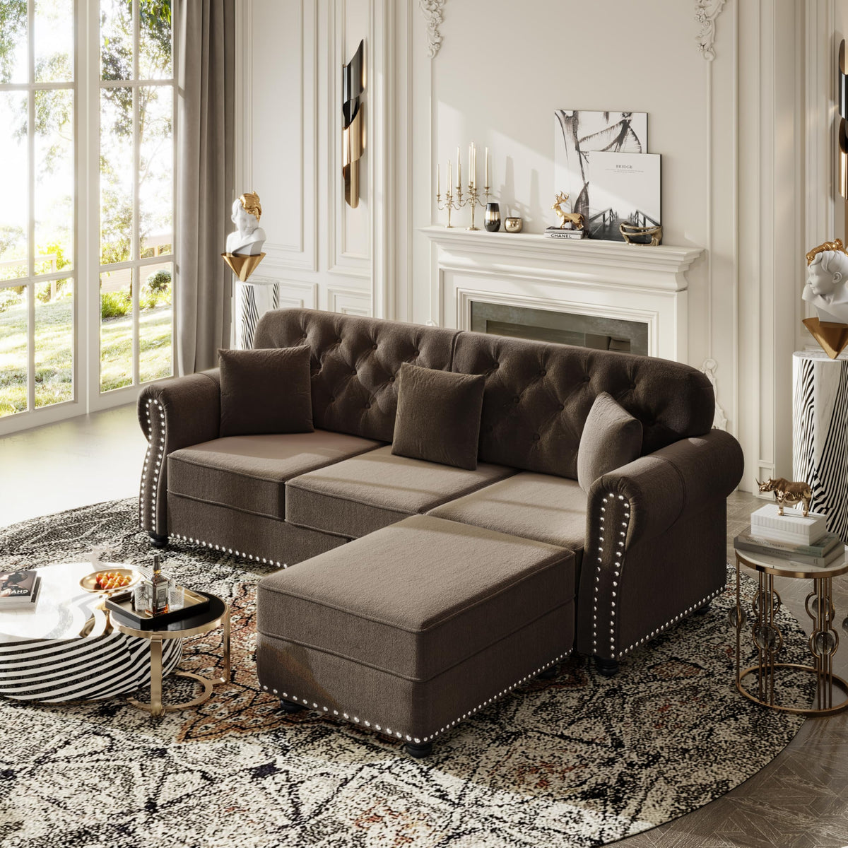 Velvet Chesterfield Sofa with Rolled Arms & Nailhead Trim, Modular Sectional Sofa Couches, Modern Cloud Sofa with Button Tufted, for Living Room, Bedroom, Small Space