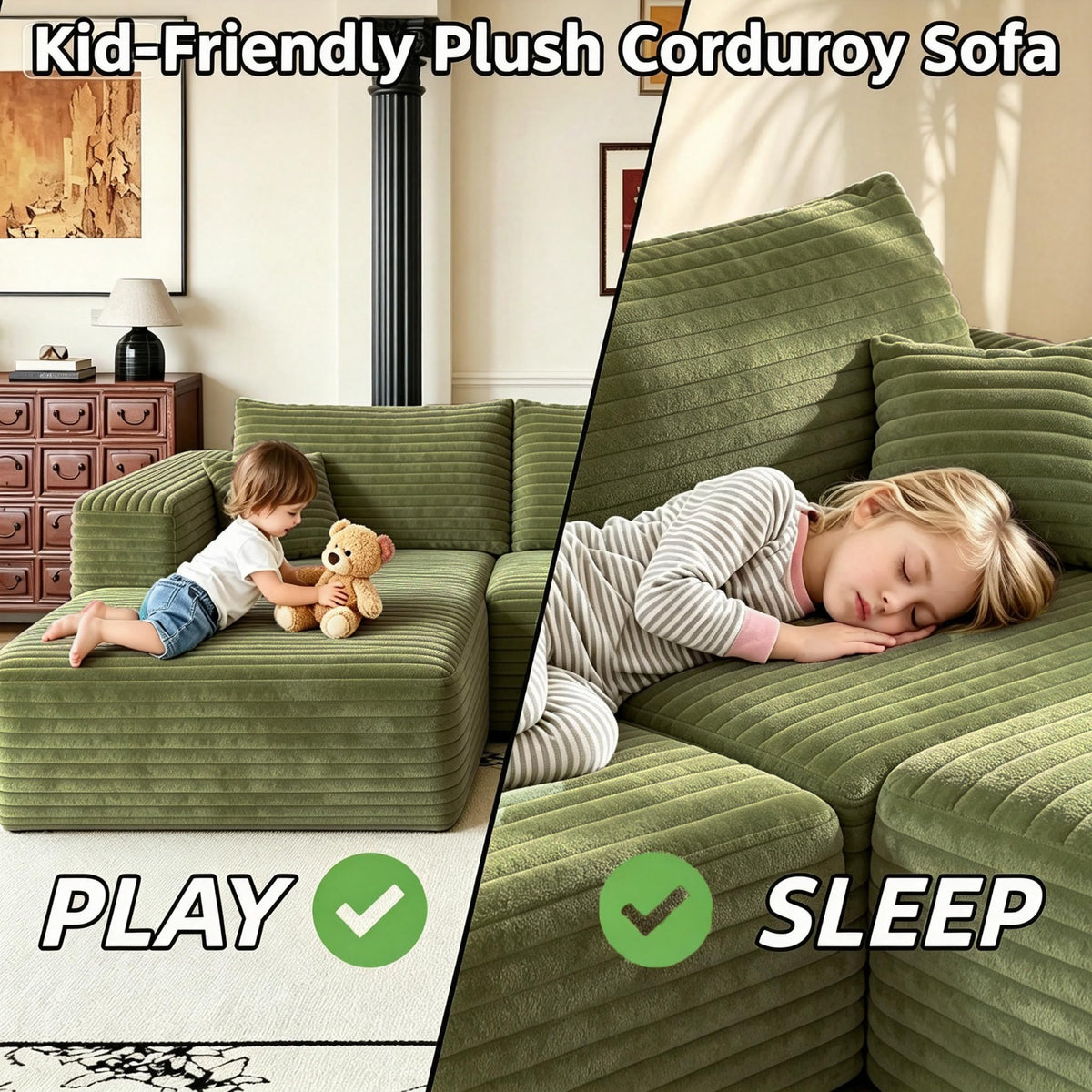 103" U Shaped Cloud Modular Boneless Sectional Couch Right Chaise, Green