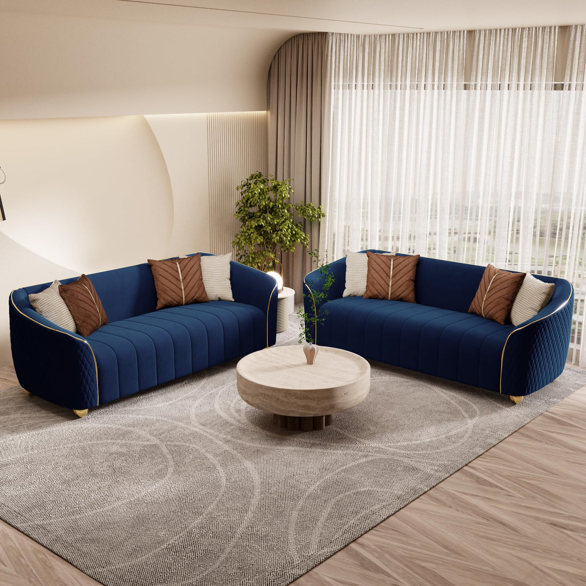 1-Piece Luxury Velvet Sofa Set for Living Room, Elegant Design Couch Set with Curved Armrests and Gold Edge Trim, Tufted Upholstered Couch with Gold Metal Legs (Green, 3 Seater)