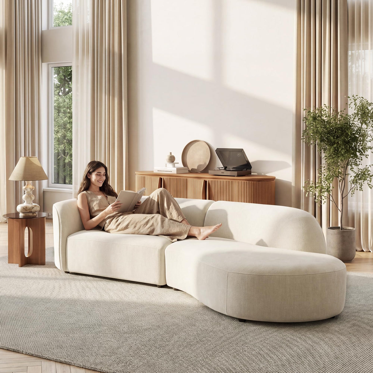 118" Right-Facing Chenille Sectional Sofa with Chaise, Modern Curved Cloud Couch, Deep Seat Upholstered Sofa with Solid Wood Frame, Organic Rounded Design for Living Room, Beige