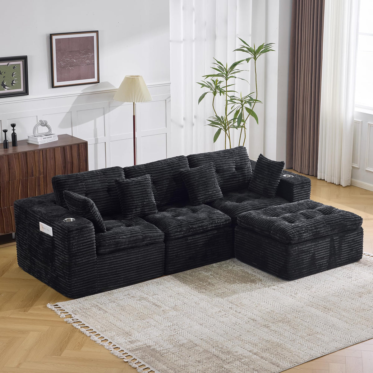 108.08" Boneless Sectional Couch, Modern U Shaped Modular Sectional Sofa Corduroy Upholstered for Living Room Oversized Deep Seat Cloud Couch with 2 Ottoman, No Assembly, Black