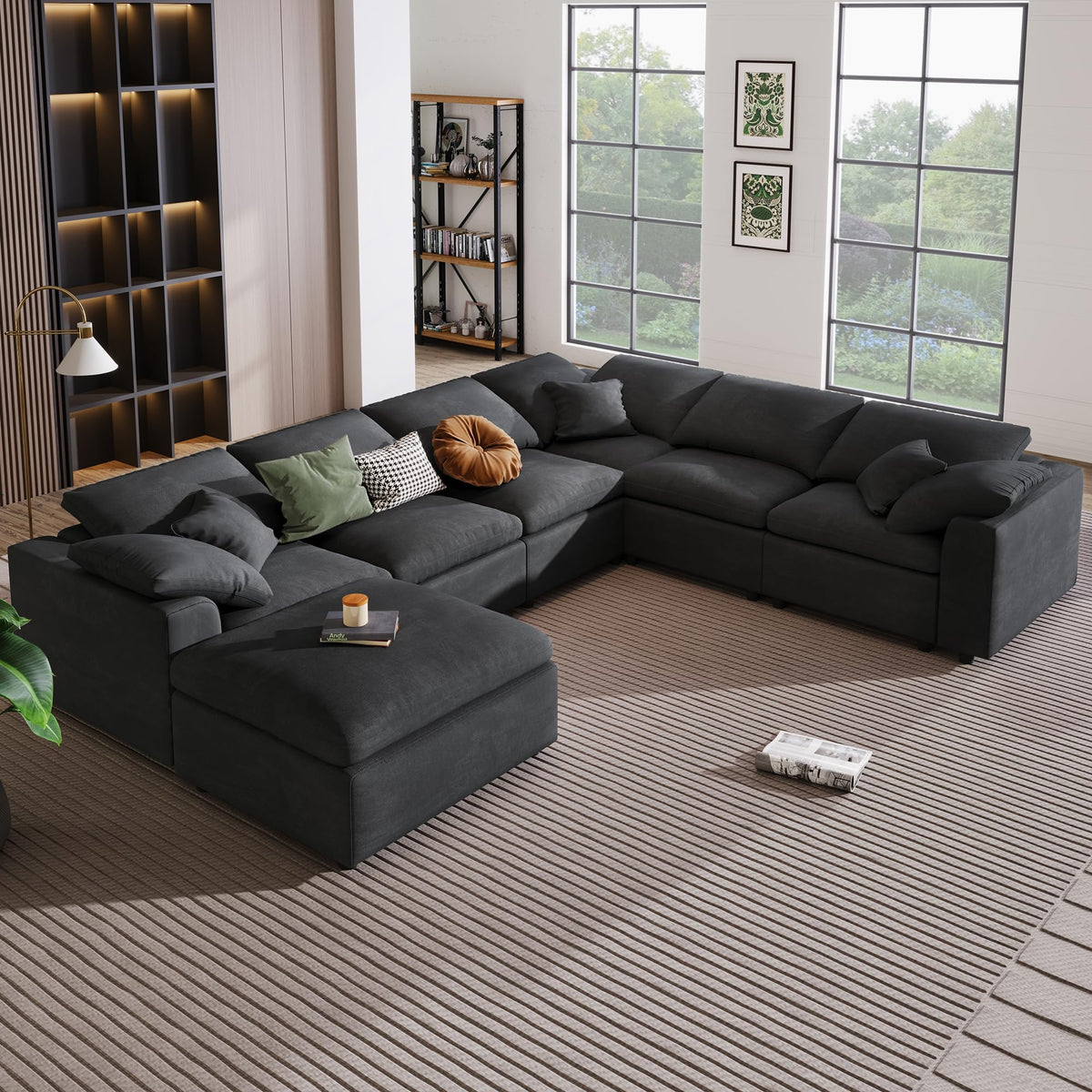 129.3" Oversized Modular Sectional Couch, Cloud U Shaped Couch with Movable Ottoman, Comfy Large 7 Seat Corner Couches for Living Room, Apartment, Beige