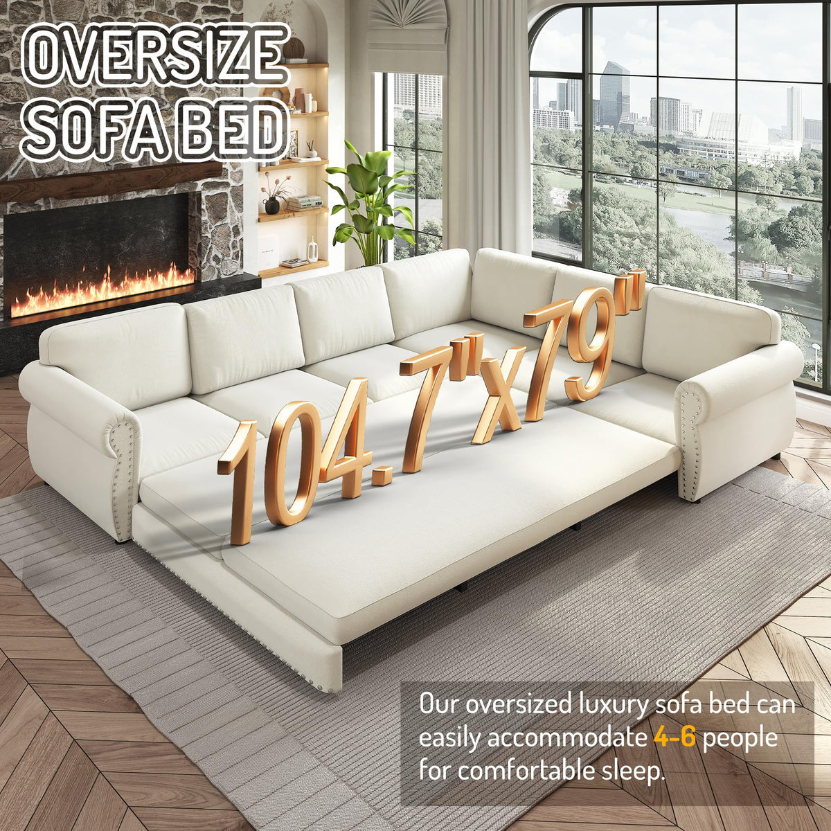 118'' Sectional Sleeper Sofa Bed King Size, Oversized Pull Out Couch, Chenille 6-Seater L-Shape Convertible Sofa with Nailhead Trim, Modern Upholstered Living Room Couches for Apartment, Beige