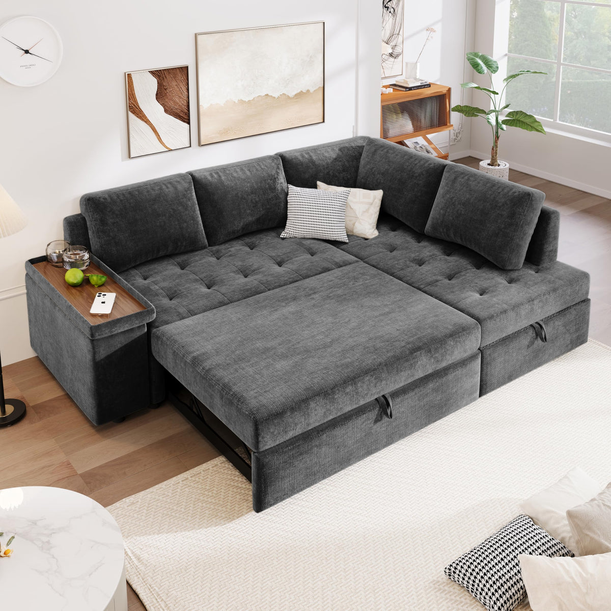 Tidyard L-Shaped Sectional Sofa with Pull-Out Bed & Hidden Storage, Convertible Sleeper for Living Room, Apartment, Bedroom – Wide Armrests, Under-Seat Storage