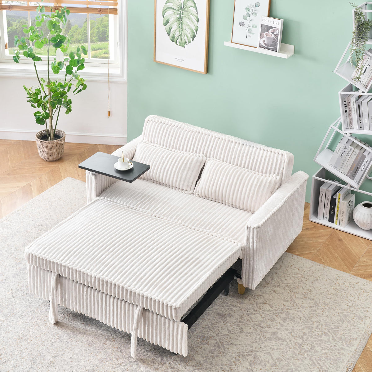 Tidyard Beige Corduroy Pull-Out Sofa with USB Ports & Movable Tabletops for Living Room or Bedroom – Converts to Bed, Includes Rollers and Throw Pillows