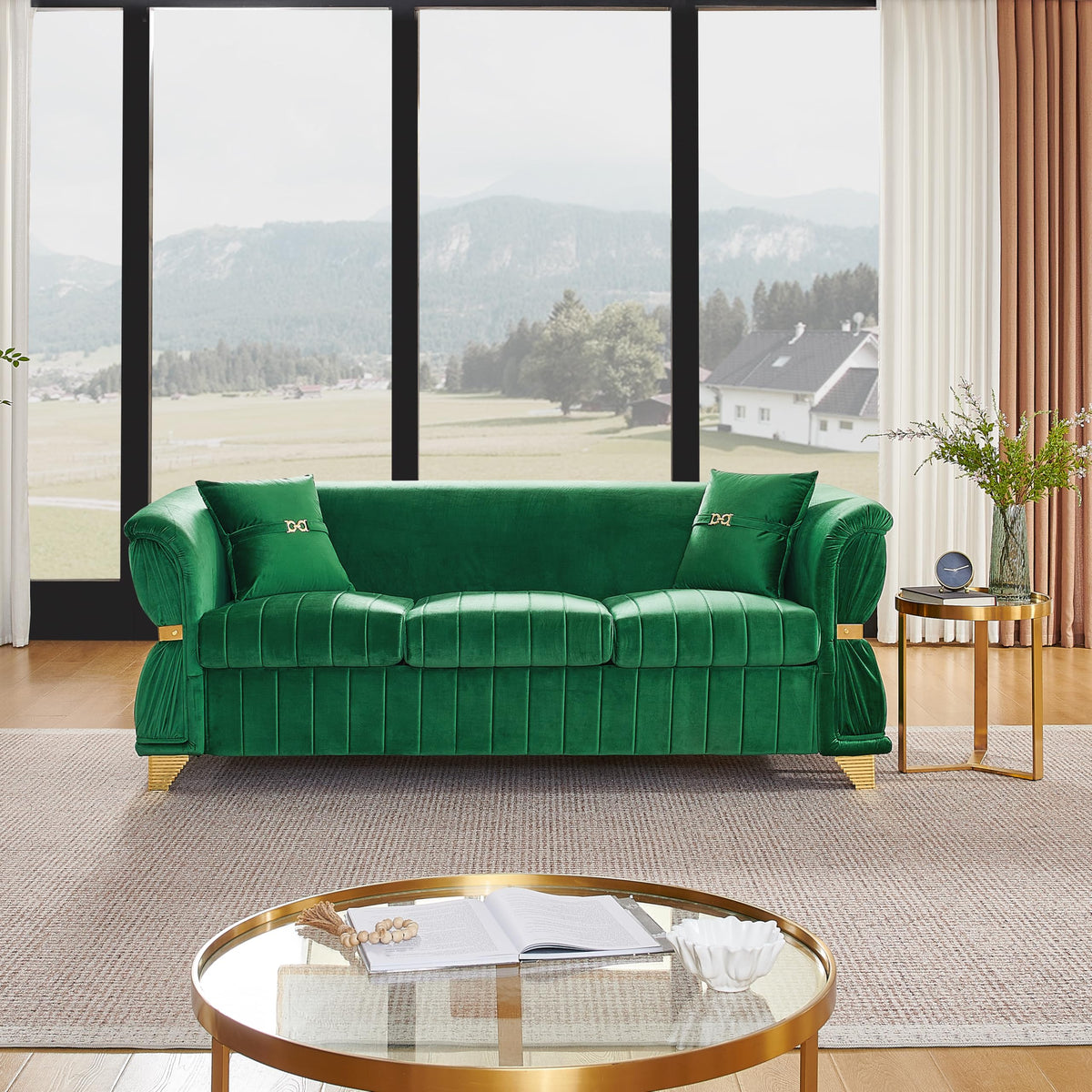WinJoy 2 Piece Set Modern Velvet Three Seater and Two Seater Sofa Upholstered Luxury Couch with 4 Pillows Gold Metal Trim Tapered Gold Legs & Curved Armrests for Living Room Beige