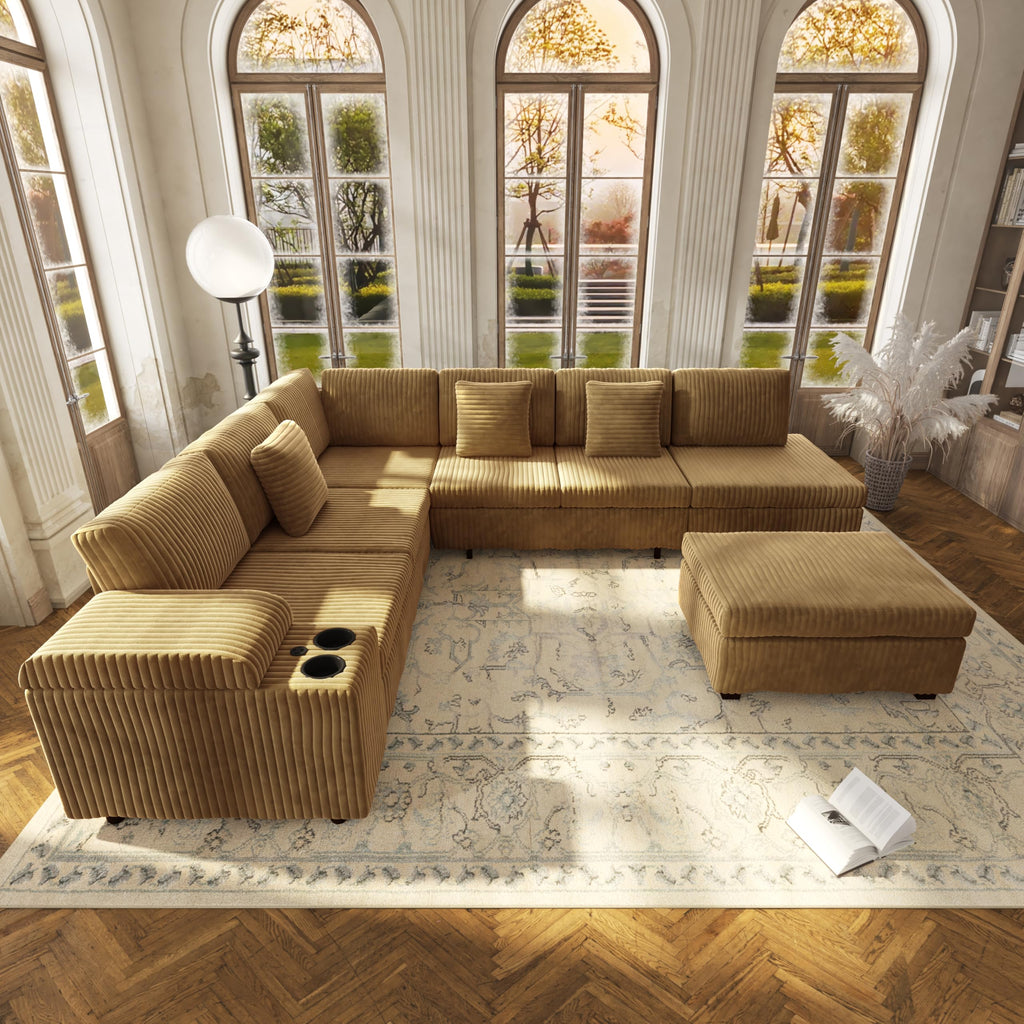 110" L-Shaped Modular Sectional Sofa with Pull Out Bed, Comfy Corduroy Cloud Couch with Removable Ottoman, USB, Storage & Cup Holders, Modern Sectional Sleeper Sofas for Living Room (Camel)