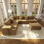 110" L-Shaped Modular Sectional Sofa with Pull Out Bed, Comfy Corduroy Cloud Couch with Removable Ottoman, USB, Storage & Cup Holders, Modern Sectional Sleeper Sofas for Living Room (Camel)