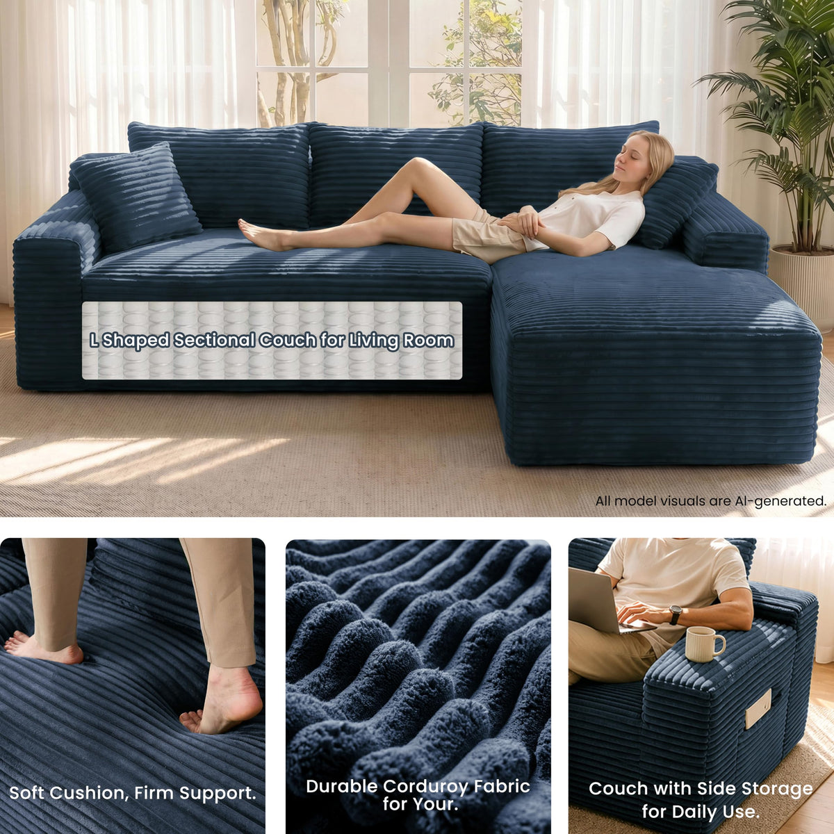 106" Modular Boneless Sofa, Sectional Chaise L-Shaped Couch for Living Room