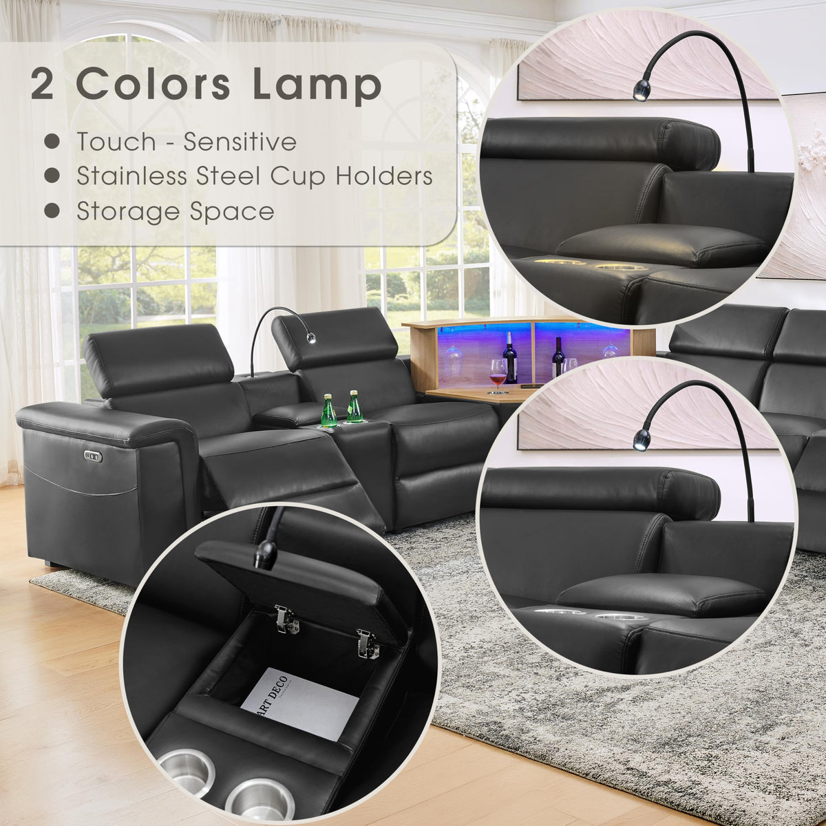 130" L-Shaped Power Reclining Sectional Sofa 5 Seater，Leather Electric Recliner Couches for Living Room with Motorized Lift Cabinet & loudspeakers Ambient LED, Black