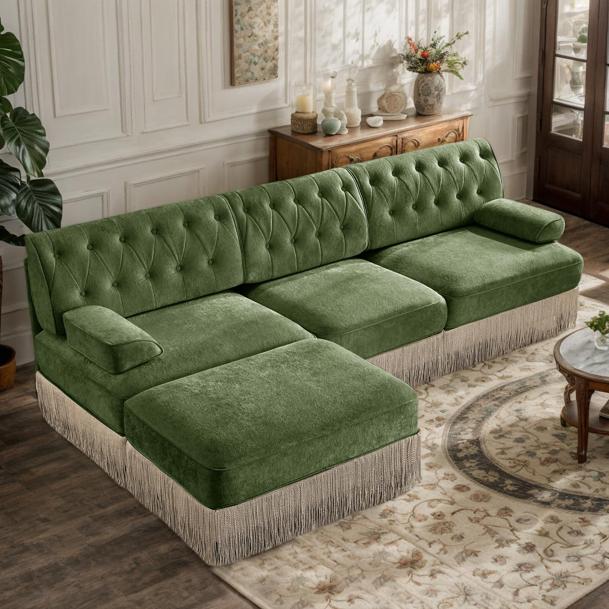106'' Modern Chesterfield Style 3-Seater Sofa with 2 Ottoman, Upholstered Velvet Modular Sectional Sofa with Button Tufted, U Shape Deep Seat Cloud Sectional Couches for Living Room (Green)