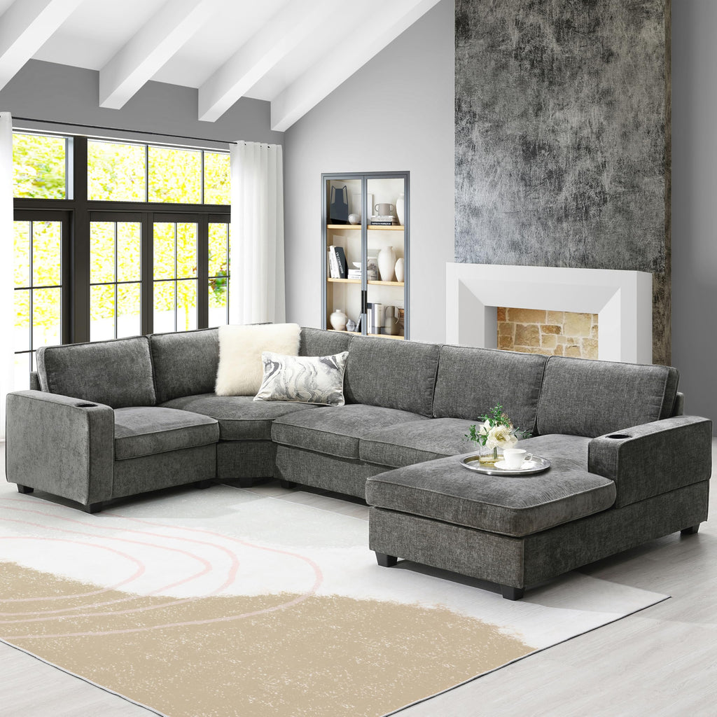 119" U Shaped Sectional Sofa, 6 Seat Chenille Corner Couch Set with Cup Holders, Oversized Chaise Lounge, Irregular Corner, Deep and Wide Seat, Comfy Sofa for Living RoomApartment, 2 Colors