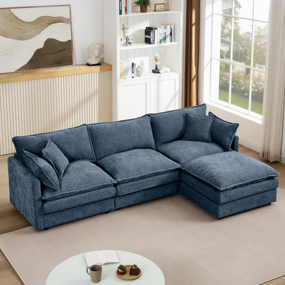 106" U-Shape Modular Sofa w/Ottoman, 4-Seater Chenille Cloud Couch, Coffee