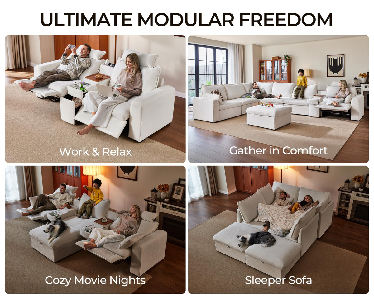 125" Modular Power Reclining Sectional 3 Seater Sofa with Ottoman, Chenille
