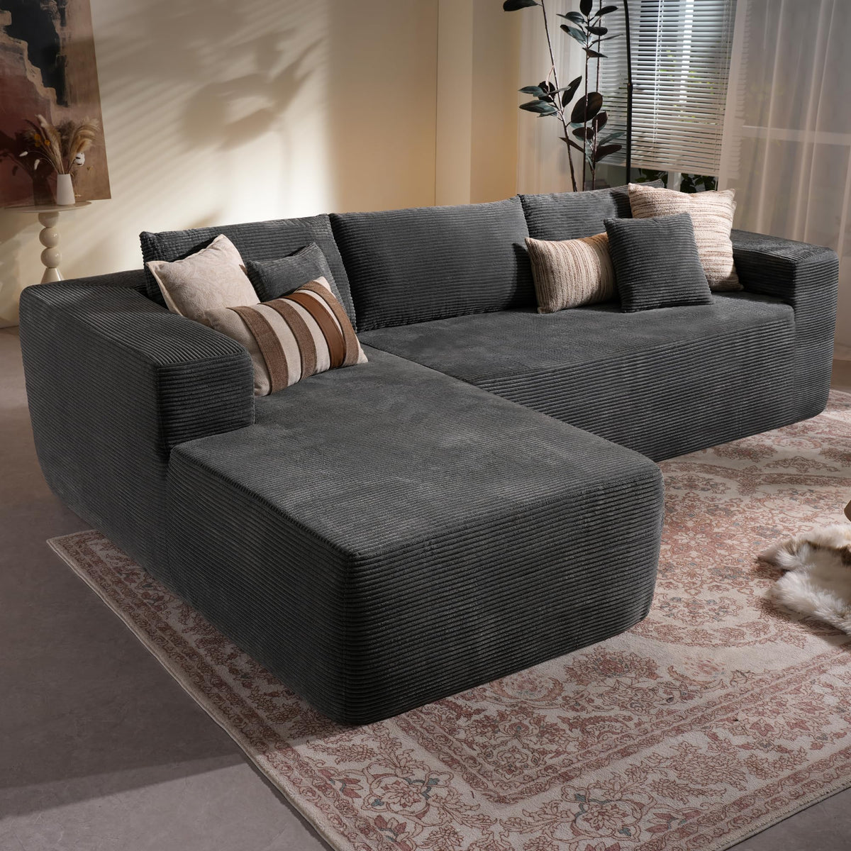 106" Cloud Sectional Couch with L-Shape Chaise & Ottoman, No Assembly Modular Sofa, Deep Seat Plush Corduroy Boneless Couched for Living Room (Black Plush Corduroy, L Shape with Ottoman-Left Facing)