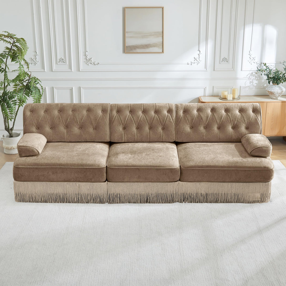 Velvet Modular Sectional Sofa, 135.6 Inch Chesterfield Style, Camel