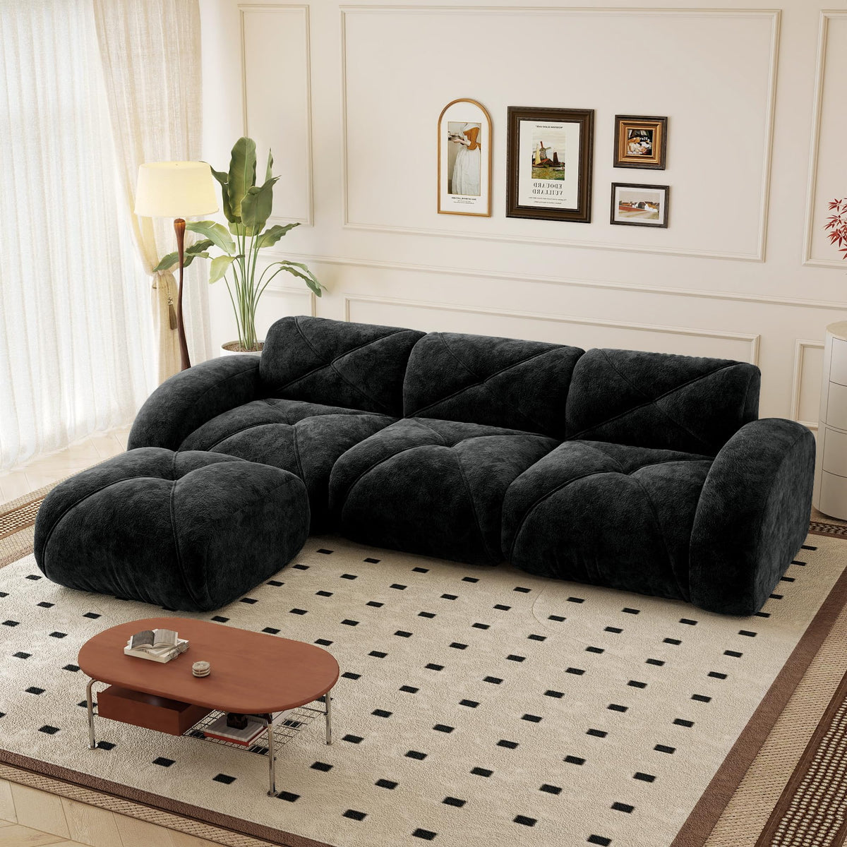 110.6" U Shaped Boneless Couch with Ottoman, Convertible Modular Sectional Cloud Sofa, Deep Seat 5 Seater Velvet Couch, 32D High Density Foam Sofas for Living Room, No Assembly Required, Camel