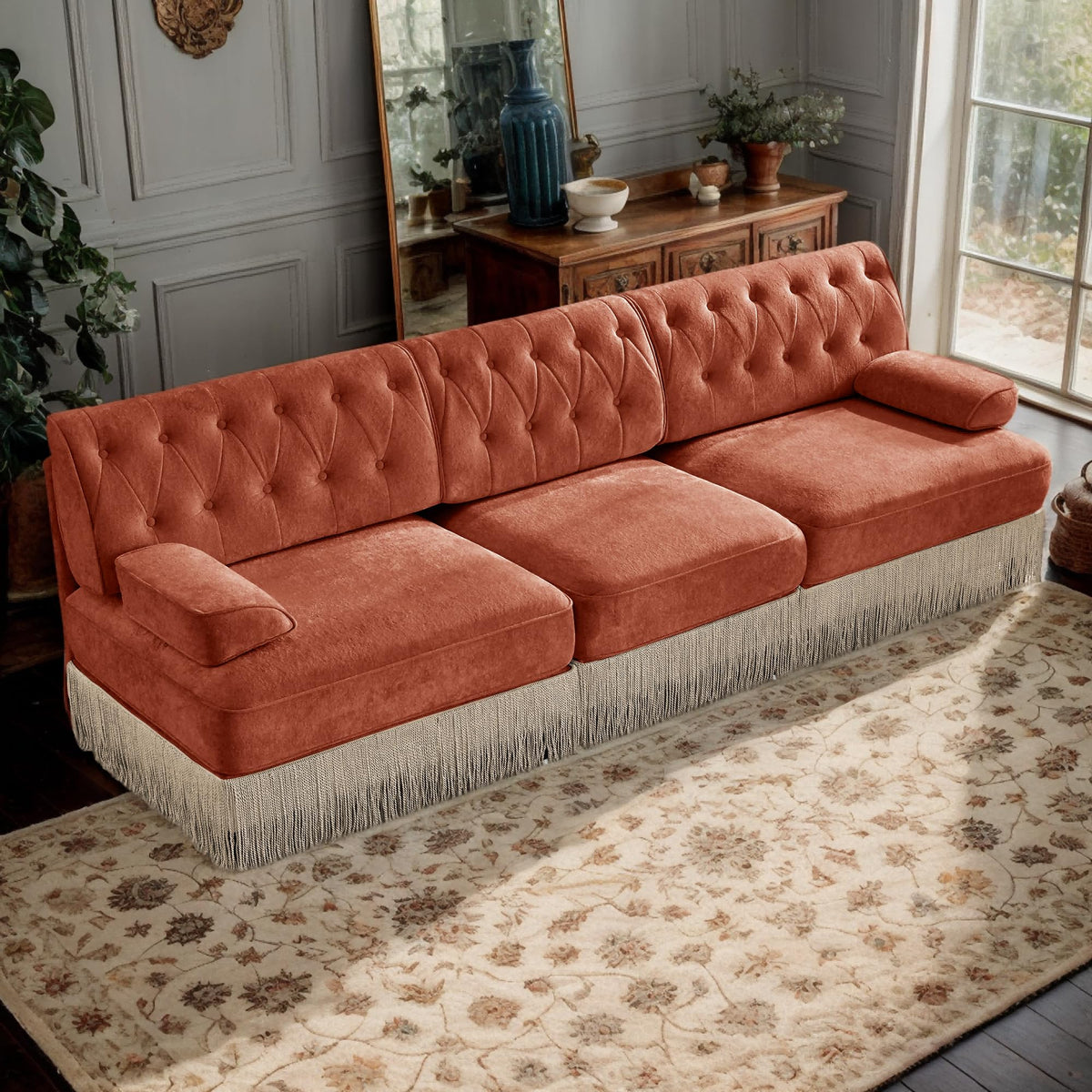 106'' Modern Chesterfield Style 3-Seater Sofa with 2 Ottoman, Upholstered Velvet Modular Sectional Sofa with Button Tufted, U Shape Deep Seat Cloud Sectional Couches for Living Room (Green)