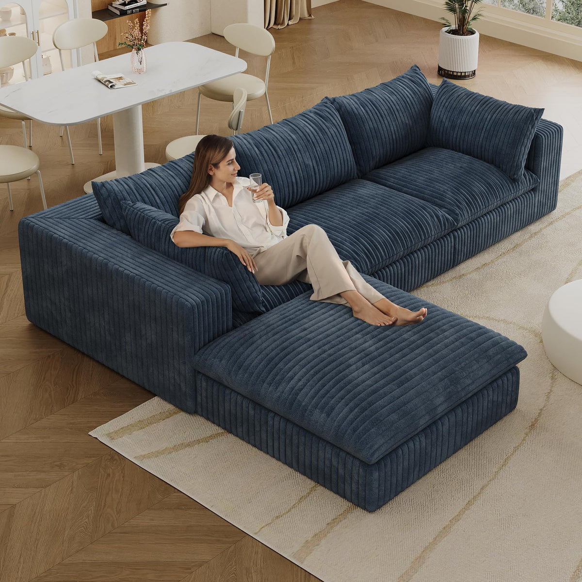 118.2" Cloud Sofa,Corduroy Fabric,Deep Seat Couches,Double Layer Design,Removable Cushion,No Assembly, DIY Combination for Living Room, Bedroom,Conference Room,Apartment,Blue FP615
