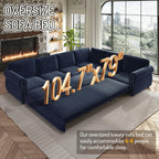 118" Oversized Sleeper Sofa with Pull Out Bed, Chenille L Shaped Convertible Sectional Sleeper Couch with Nailhead Trim & Rolled Arm, 6-Seater Couches for Living Room, Blue
