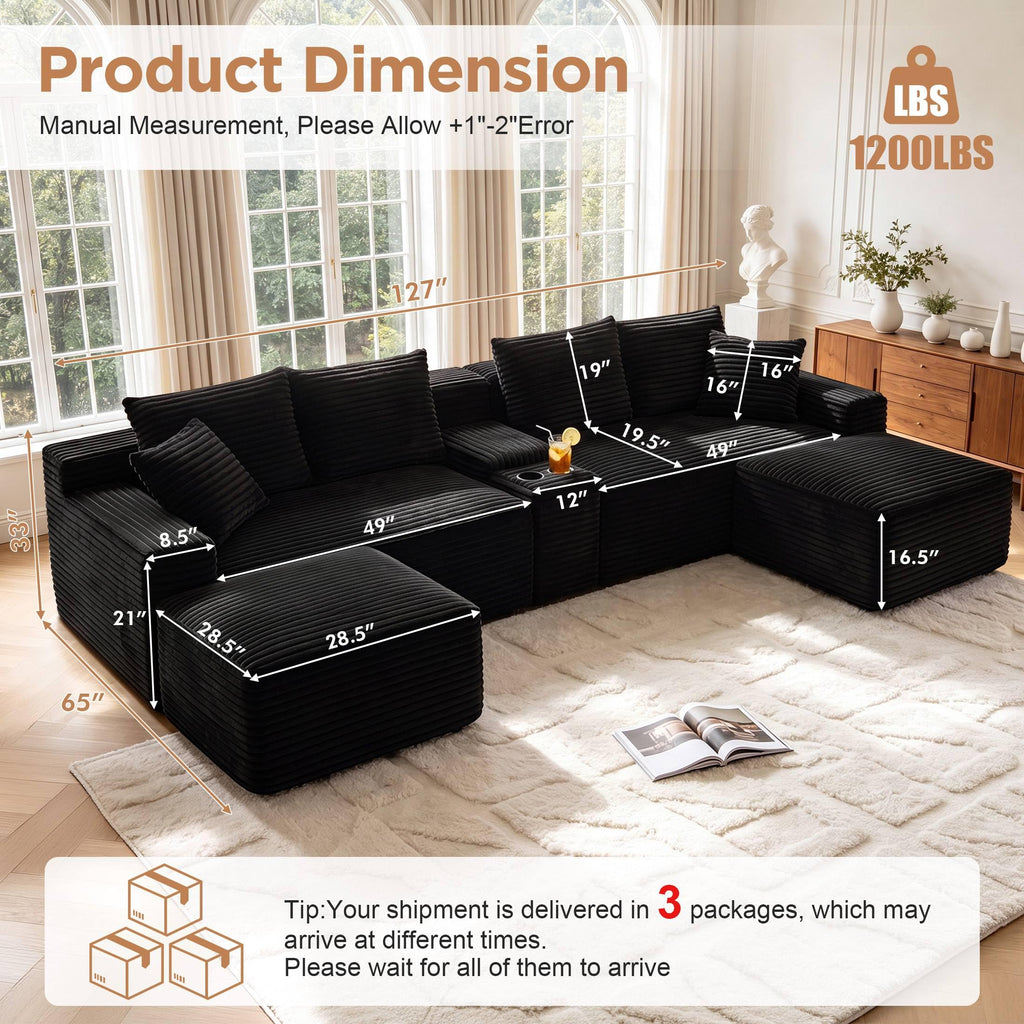 127” U-Shaped Cloud Sectional Couch for Living Room, Modern Boneless Corduroy Sofa with Chaise ‌and Console, Include 2 Cup Holders, Storage Space and USB Ports, No Assembly Required, Black