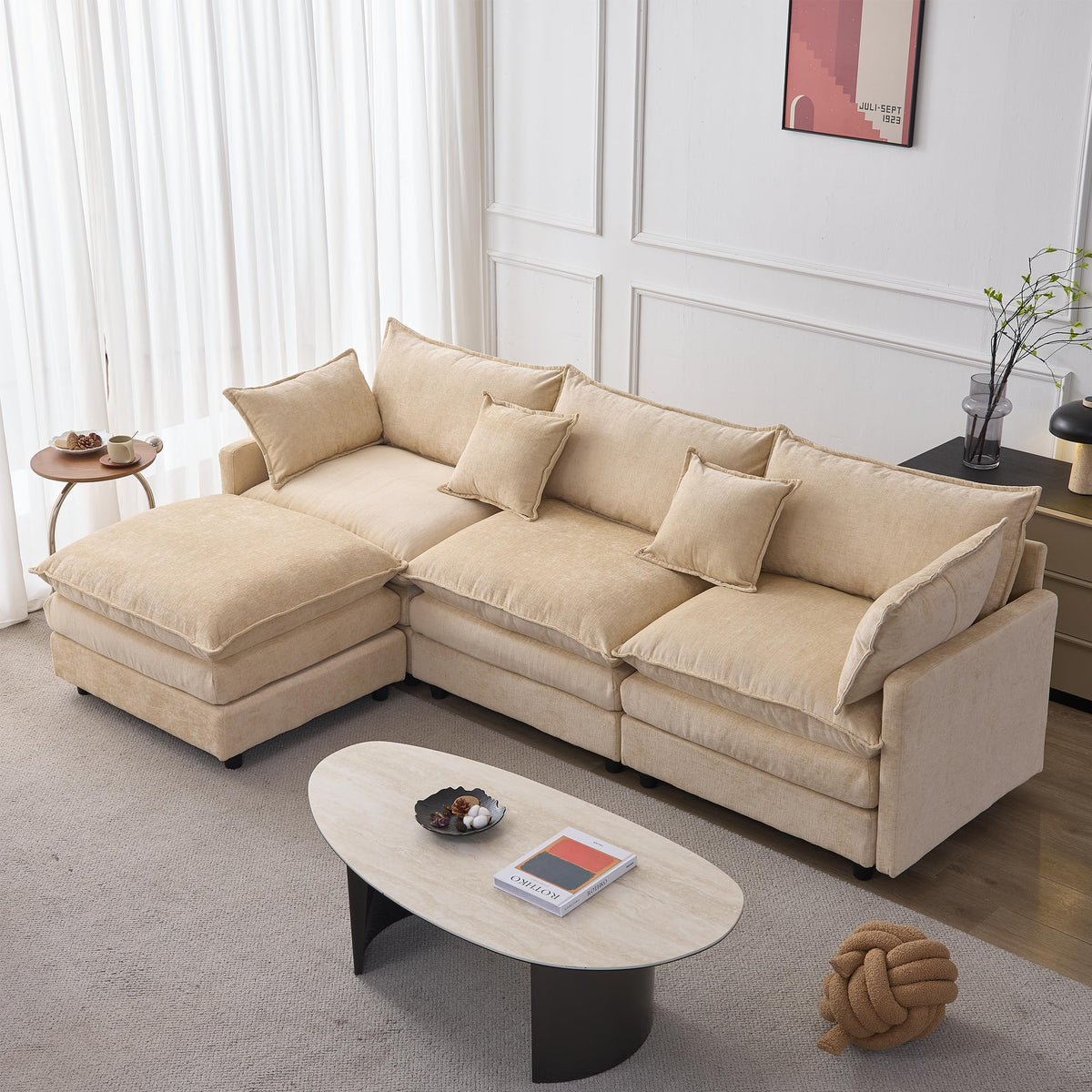 105 Inch Modular L Shaped Sofa with Ottoman, 3 Seater Chenille Fabric Sectional Couch, Independent Pocket Spring & High Density Foam Cushion, Solid Wood Frame Tool (Three White Seats)