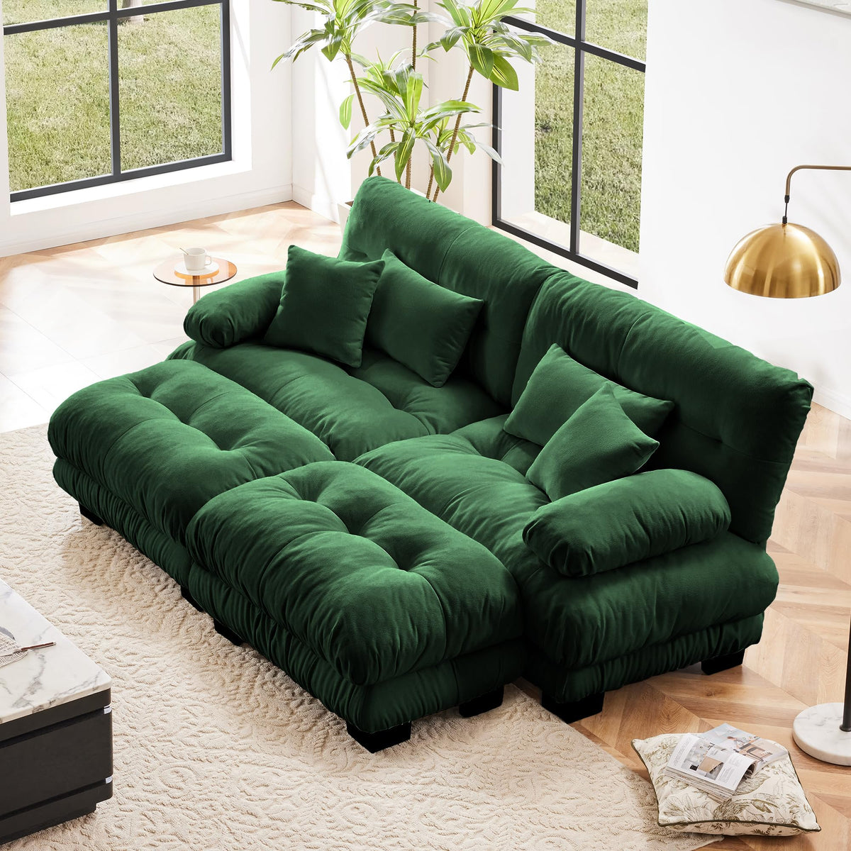 130" Modular Sectional Sofa,Velvet Upholstered Couches for Living Room,3 Seater Green Sofa Couch with Movable Ottoman,Big Comfy Loveseat Sofa with Deep Seats for Living Room,Apartment,Bedroom