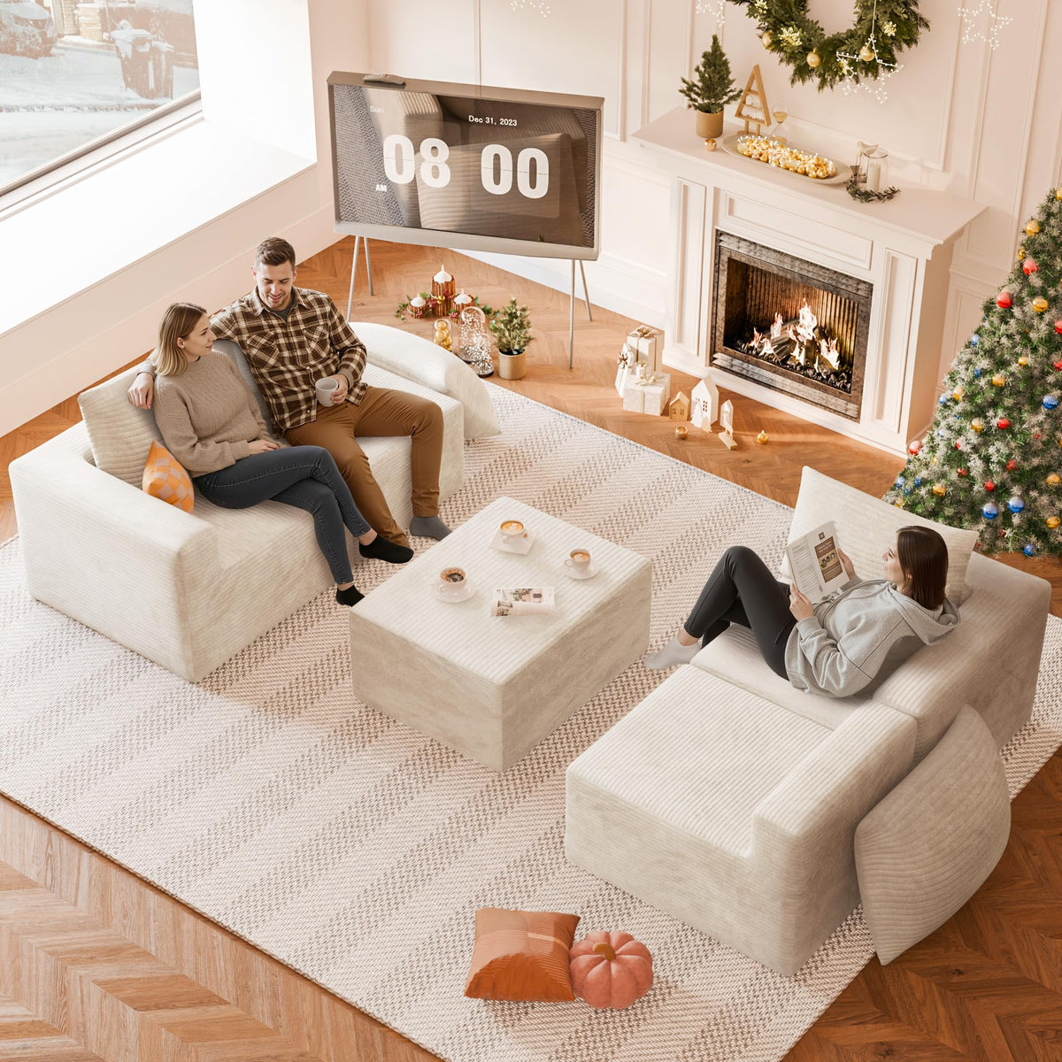 YESHOMY 130" Boneless Couches for Living Room, Modular L-Shaped Sectional Sofa with Comfy Seats and Ottoman, Modern Cloud Couch with Oversized Chaise, No Assembly Required, Cream