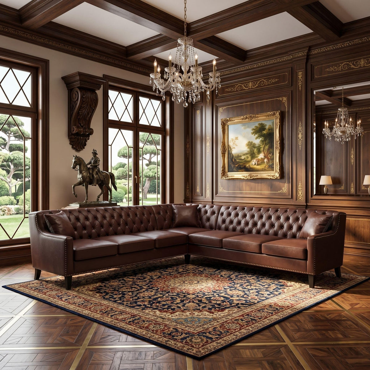 103" Chesterfield Sectional Sofa,Faux Leather Upholstered Couch,Mid-Century Style Oversized 7-Seat Button Tufted Corner Couch with Nailhead Trim,Modern L Shaped Couches for Living Room,Brown
