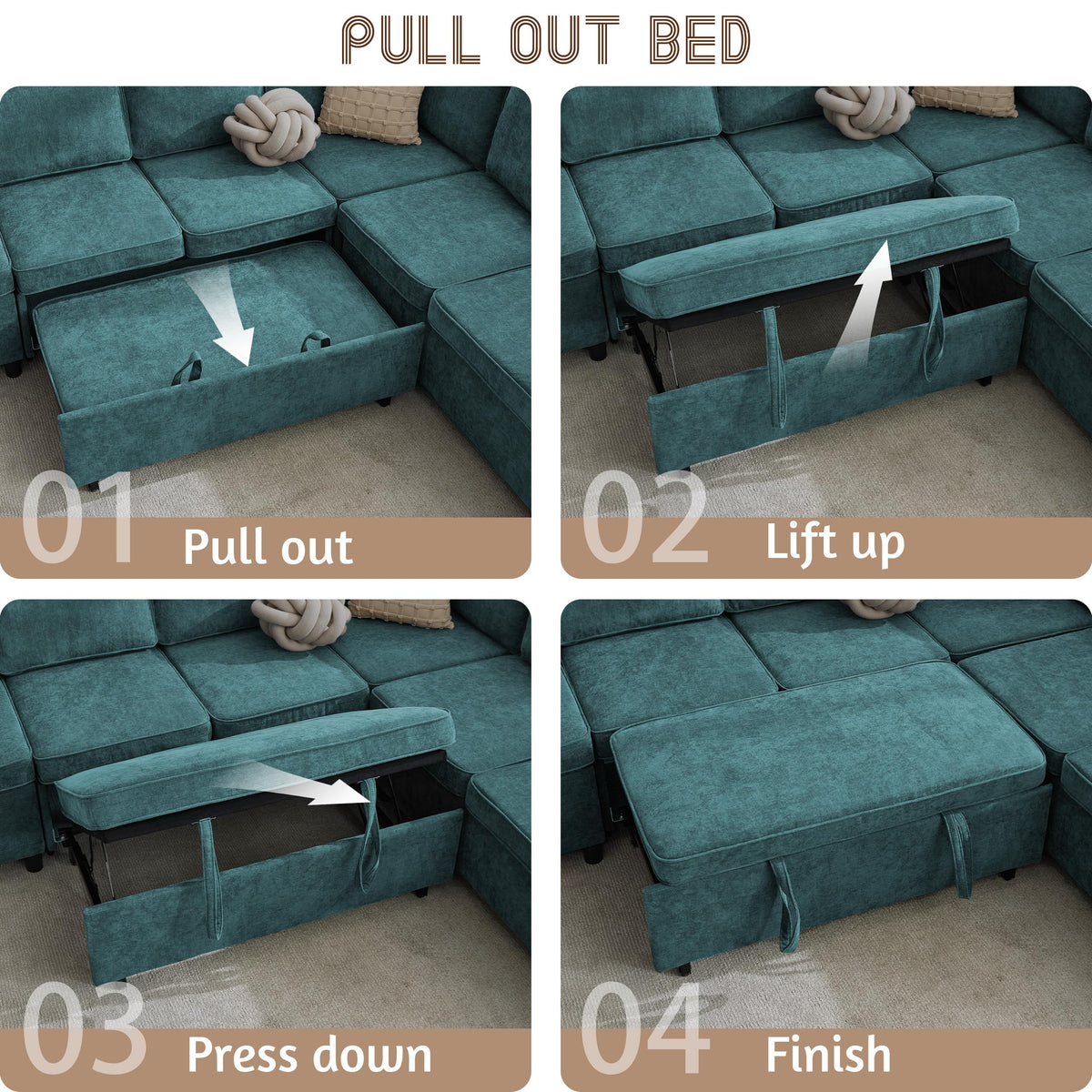 107" Modular Sectional Sleeper Sofa with Pull Out Bed, 7 Seat U Shaped Couch with Storage Ottoman, USB Port & 6 Pillows, Sectional Couches for Living Room & Apartment, Modular Cloud Couch, Green