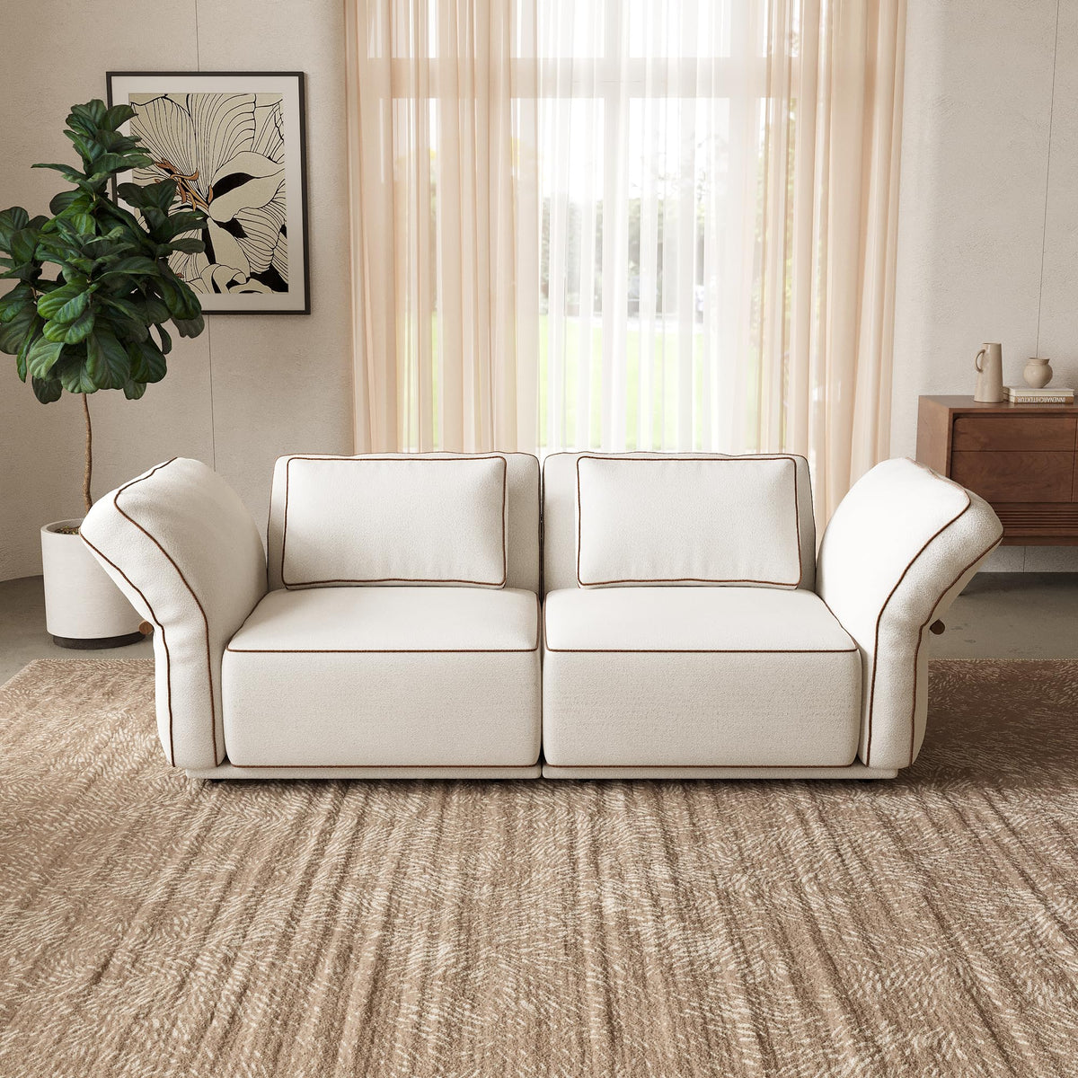 128.3" Modular Boucle Sofa with Ottoman, 3-Seat Sectional Couch, Beige