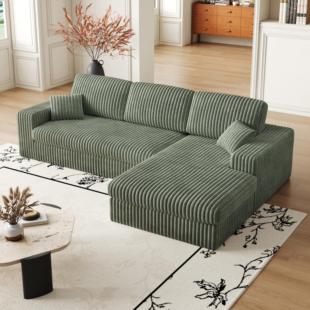 114.5'Corduroy Modular Foam Sofa, Recliner Seat Reversible Sofa, 2 in 1 Sofa with Recliner and L Shaped Sofa Combination with Three Cushion Neck Pillow Combination and Two Throw Pillows WT655