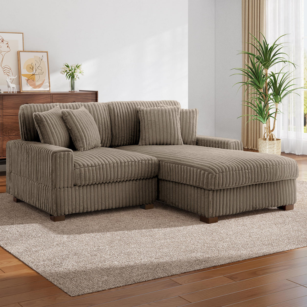 118.3" L-Shaped Modular Sectional Sofa with Chaise, Comfy Corduroy Fluffy Couch with Deep Seat, Flexible Module Combination for Living Room, Cotton Flannel Light Brown