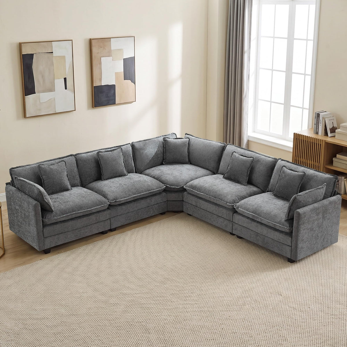 113" V-Shaped Cloud Couch, Modular Sectional for Living Room, Light Grey