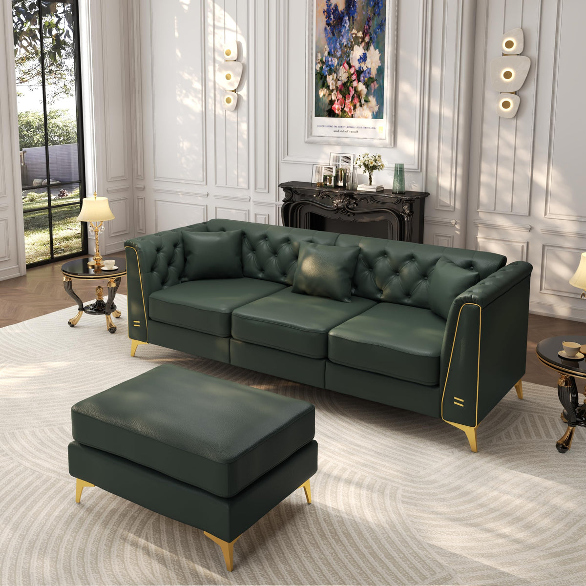 Tmsan 81.5" Green Faux Leather Modular Sleeper Sectional Sofa Couch Bed
