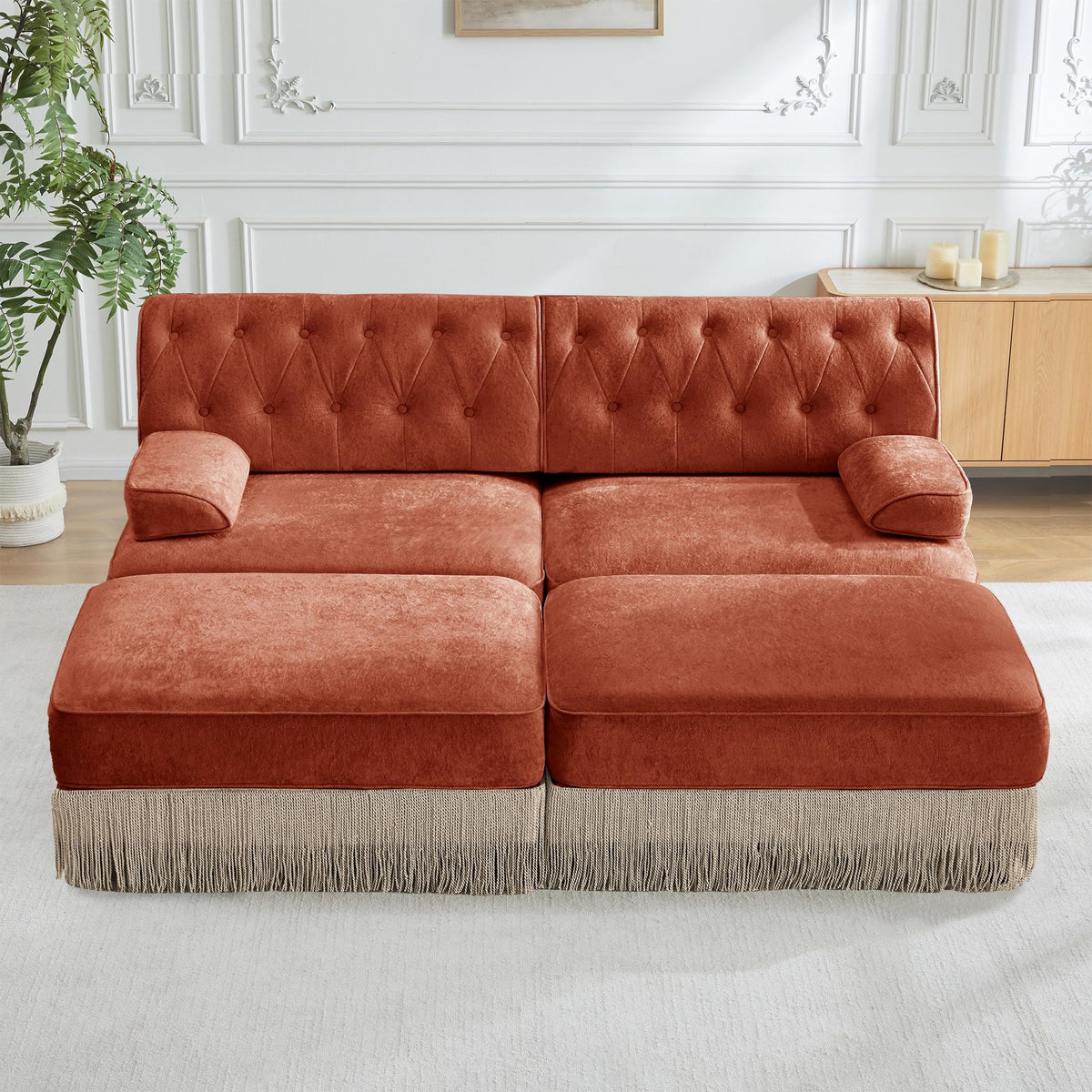 Velvet Modular Sectional Sofa, 135.6 Inch Chesterfield Style, Camel