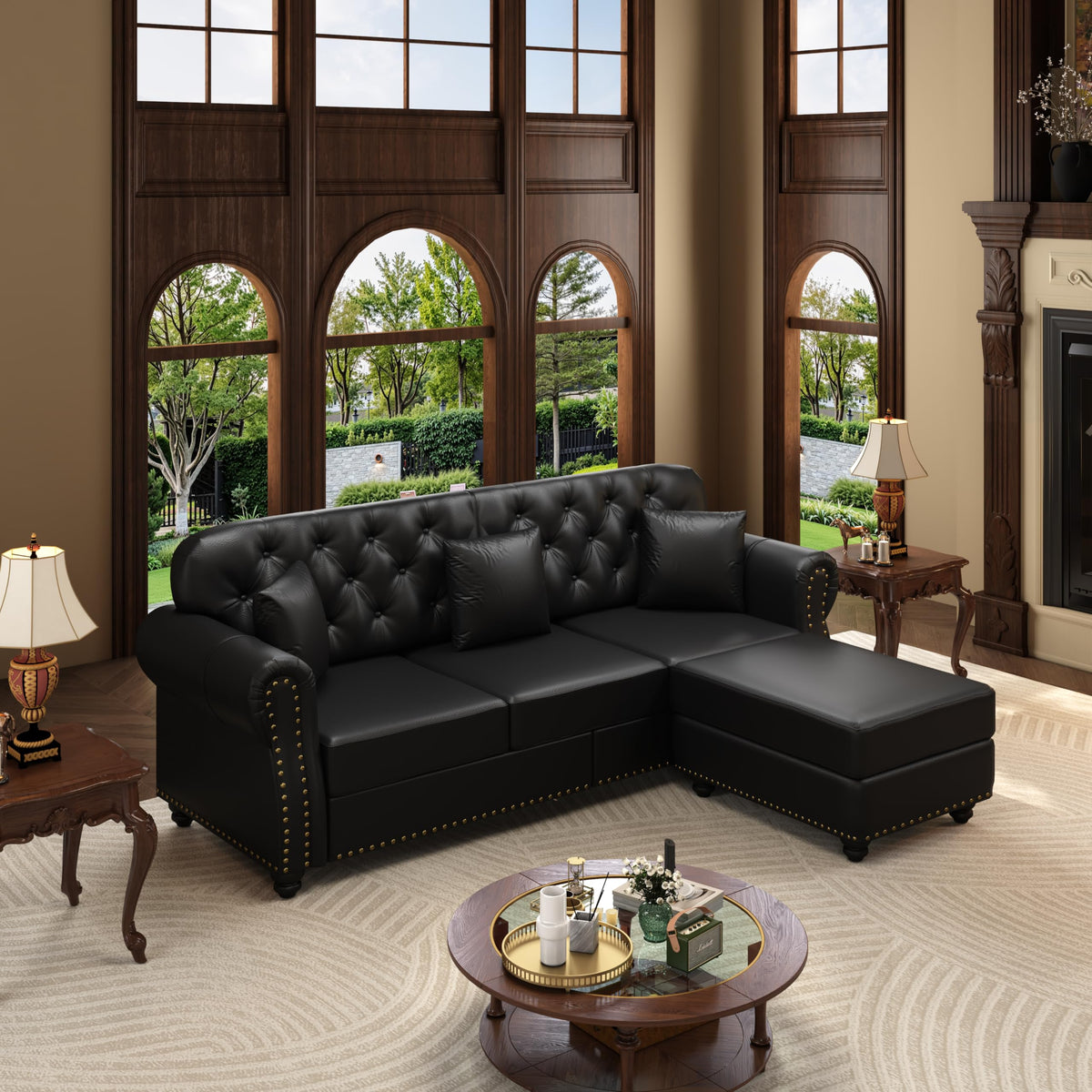 Velvet Chesterfield Sofa with Rolled Arms & Nailhead Trim, Modular Sectional Sofa Couches, Modern Cloud Sofa with Button Tufted, for Living Room, Bedroom, Small Space
