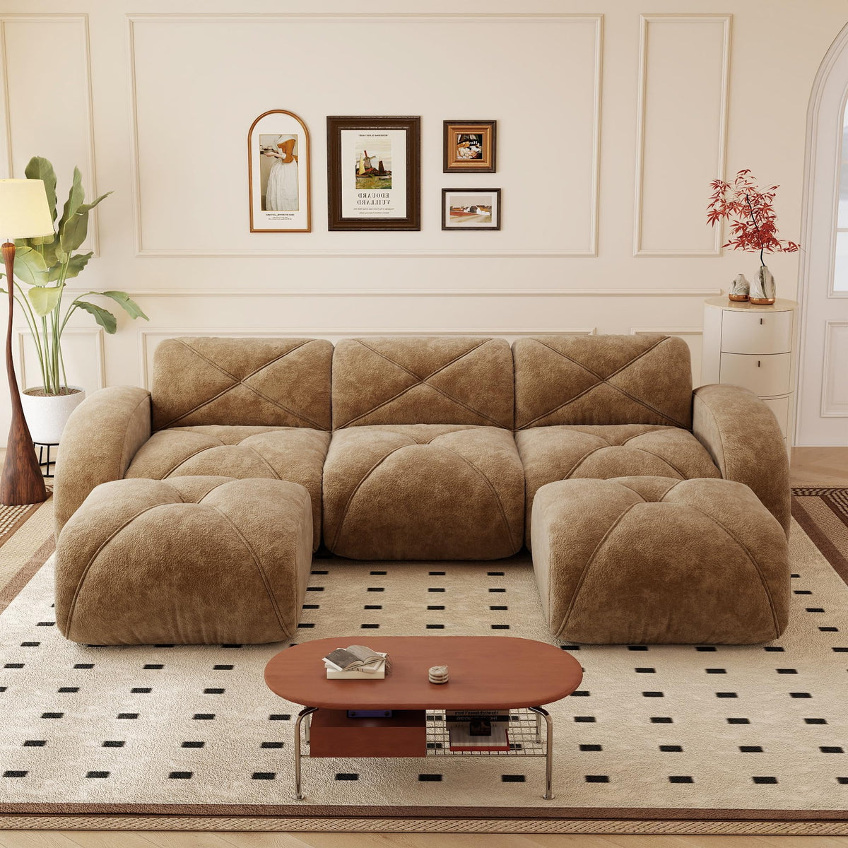 110.6" U Shaped Boneless Couch with Ottoman, Convertible Modular Sectional Cloud Sofa, Deep Seat 5 Seater Velvet Couch, 32D High Density Foam Sofas for Living Room, No Assembly Required, Camel