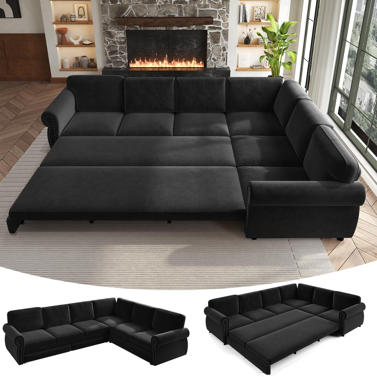 118" Oversized Sleeper Sofa with Pull Out Bed, Chenille L Shaped Convertible Sectional Sleeper Couch with Nailhead Trim & Rolled Arm, 6-Seater Couches for Living Room, Blue