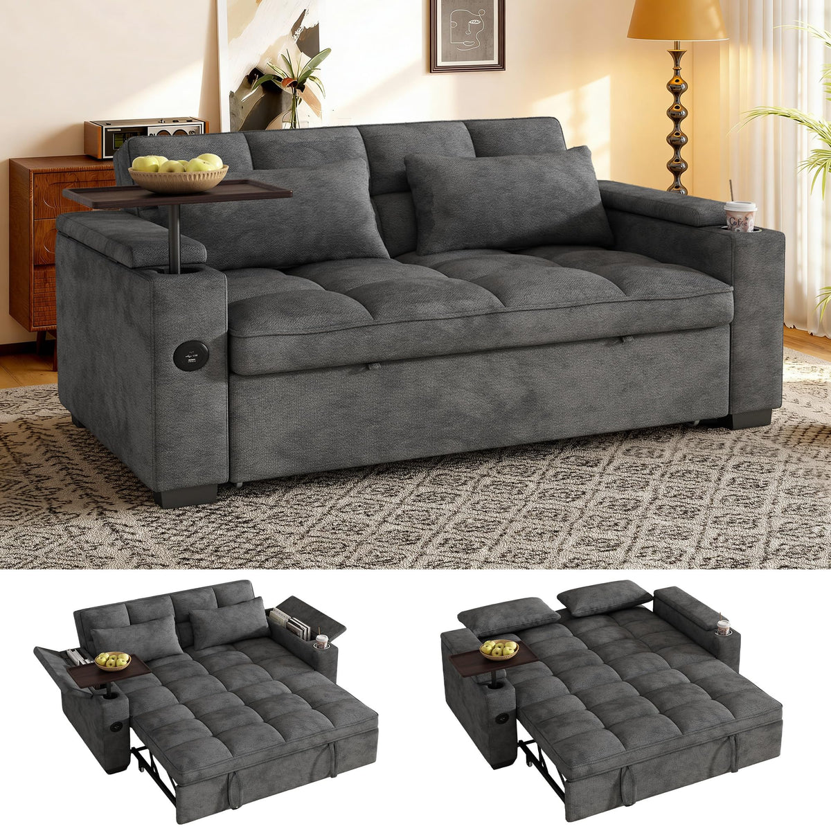 108”Pull Out Sofa Bed, U Shaped Sleeper Sofa for Living Room, Black