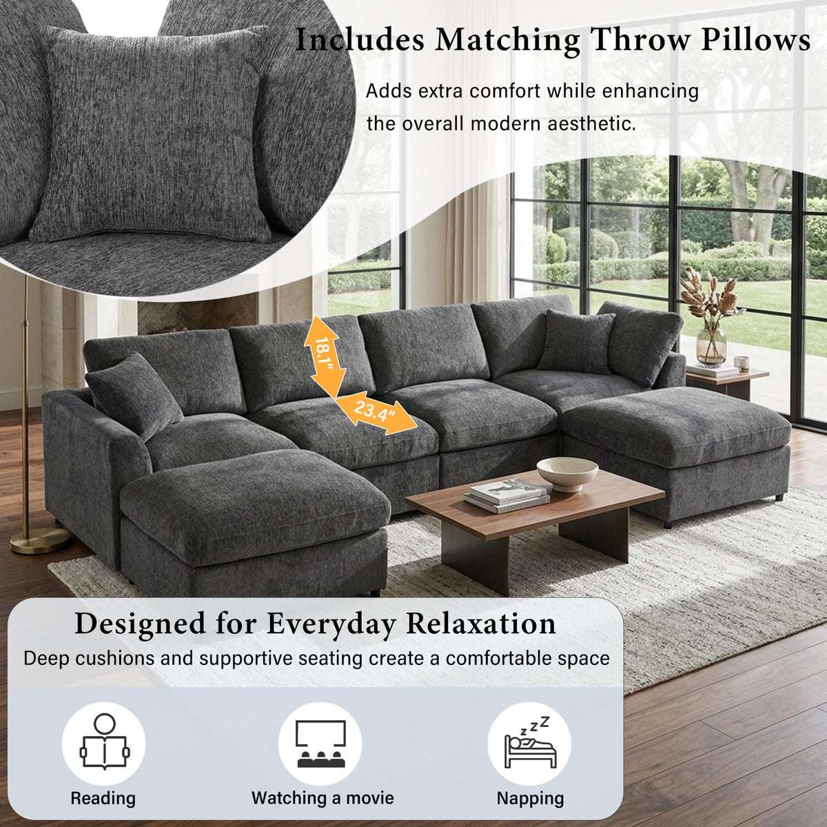 130.3" 6-Seater Modular Sectional Sofa，Grey-M