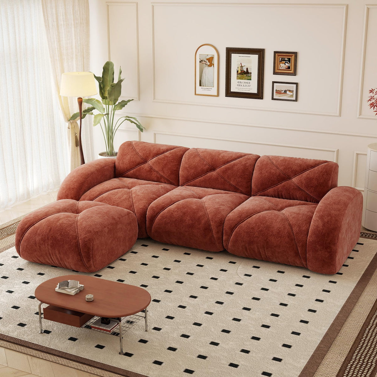 110.6" U Shaped Boneless Couch with Ottoman, Convertible Modular Sectional Cloud Sofa, Deep Seat 5 Seater Velvet Couch, 32D High Density Foam Sofas for Living Room, No Assembly Required, Camel