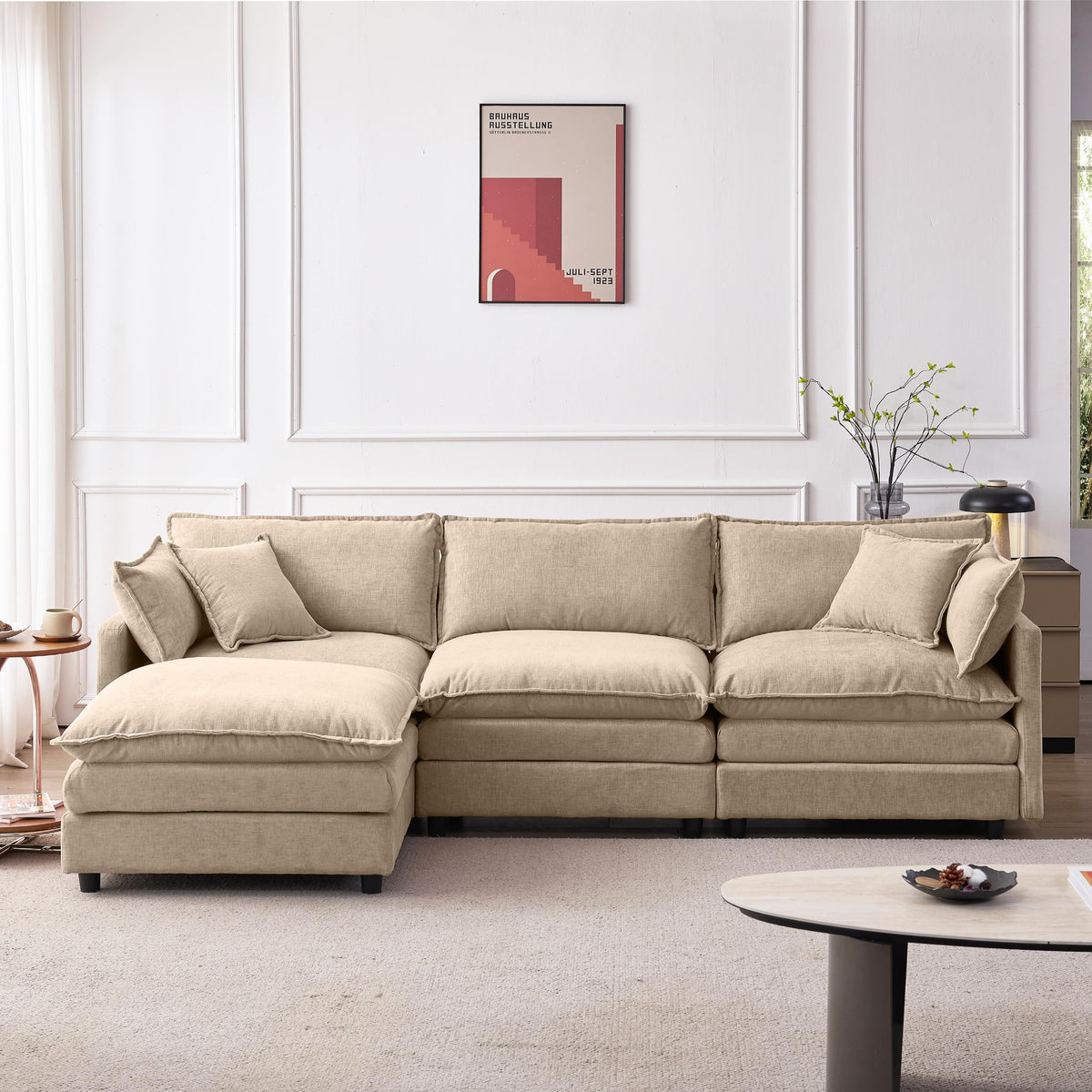 105 Inch Modular L Shaped Sofa with Ottoman, 3 Seater Chenille Fabric Sectional Couch, Independent Pocket Spring & High Density Foam Cushion, Solid Wood Frame Tool (Three White Seats)