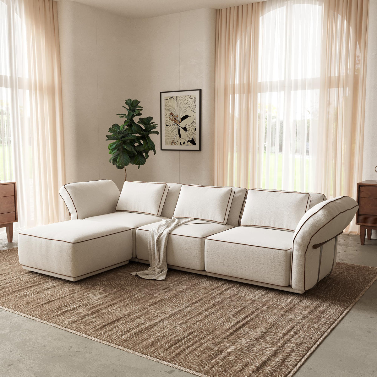 128.3" Modular Boucle Sofa with Ottoman, 3-Seat Sectional Couch, Beige