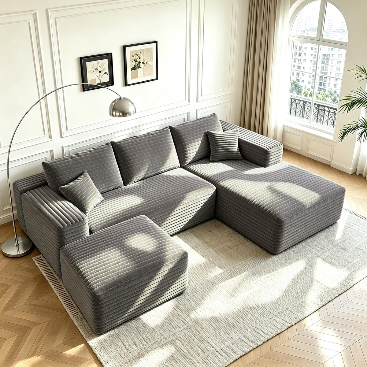 107" U-Shaped Cloud Sectional Couch with Ottoman for Living Room, Boneless Sofa, Compressed Sofa, No Assembly Required, Black Corduroy, Right Chaise